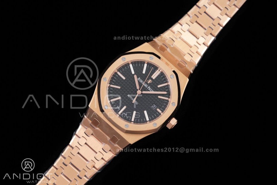 Royal Oak 41mm 15400 RG ZF 1:1 Best Edition Black Textured Dial on RG Bracelet V2 SA3120 Super Clone