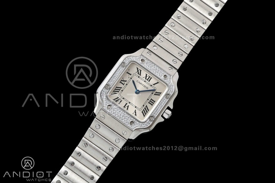 Santos de Cartier 27mm SS AF 1:1 Best Edition Diamond Bezel Silver Dial On SS SmartLinks Bracelet Ronda Quartz