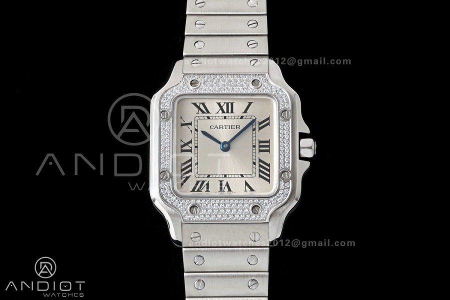 Santos de Cartier 27mm SS AF 1:1 Best Edition Diamond Bezel Silver Dial On SS SmartLinks Bracelet Ronda Quartz