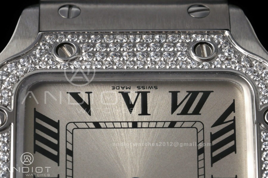 Santos de Cartier 27mm SS AF 1:1 Best Edition Diamond Bezel Silver Dial On SS SmartLinks Bracelet Ronda Quartz