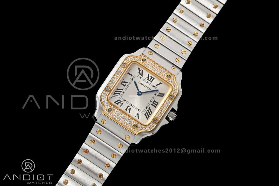 Santos de Cartier 27mm SS/YG AF 1:1 Best Edition Silver Dial Diamond Bezel On SS/YG SmartLinks Bracelet Ronda Quartz