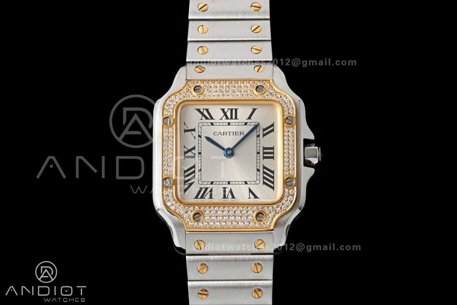 Santos de Cartier 27mm SS/YG AF 1:1 Best Edition Silver Dial Diamond Bezel On SS/YG SmartLinks Bracelet Ronda Quartz