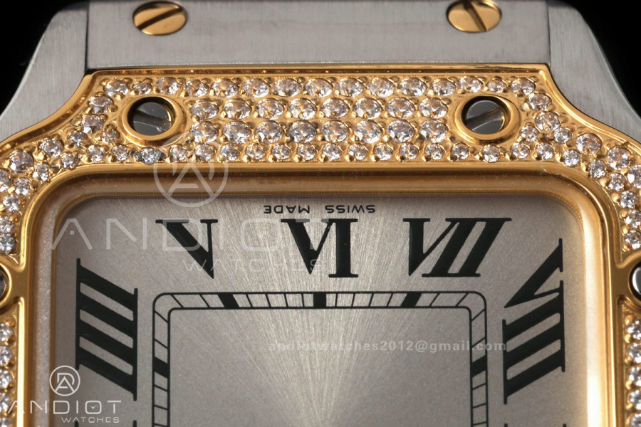 Santos de Cartier 27mm SS/YG AF 1:1 Best Edition Silver Dial Diamond Bezel On SS/YG SmartLinks Bracelet Ronda Quartz
