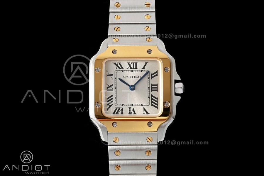 Santos W2SA0033 27x34mm AF 1:1 Best Edition Silver Dial ON SS/YG SmartLinks Bracelet Ronda Quartz