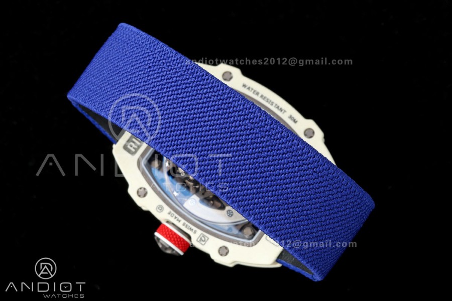 AVF RM67-02 Warm White NTPT Red/Blue/White Skeleton Dial on Blue Elastic Strap CRMA7 Clone V3