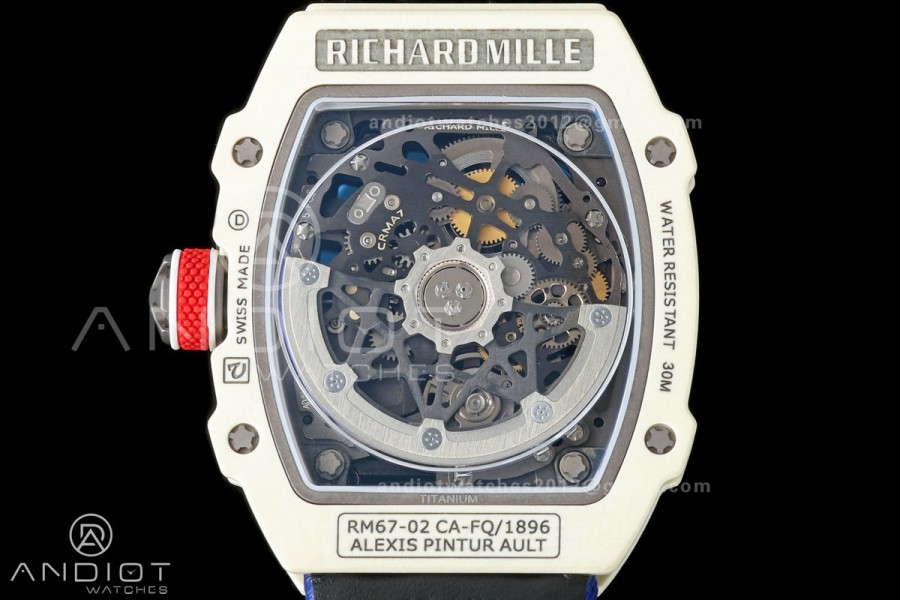 AVF RM67-02 Warm White NTPT Red/Blue/White Skeleton Dial on Blue Elastic Strap CRMA7 Clone V3