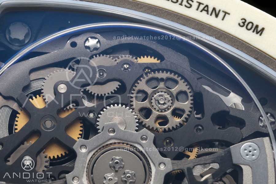AVF RM67-02 Warm White NTPT Red/Blue/White Skeleton Dial on Blue Elastic Strap CRMA7 Clone V3