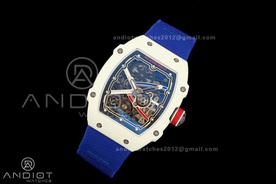 AVF RM67-02 Warm White NTPT Red/Blue/White Skeleton Dial on Blue Elastic Strap CRMA7 Clone V3