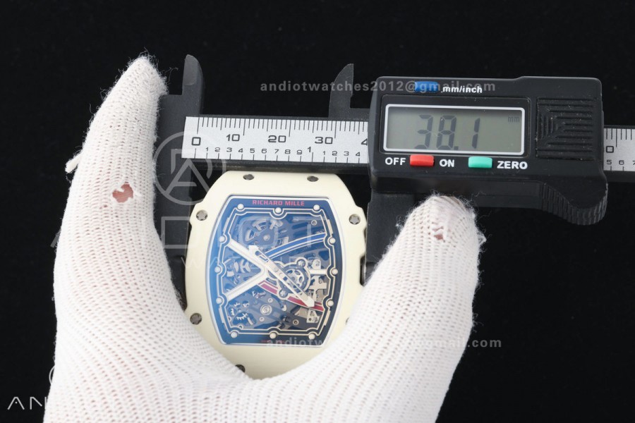 AVF RM67-02 Warm White NTPT Red/Blue/White Skeleton Dial on Blue Elastic Strap CRMA7 Clone V3