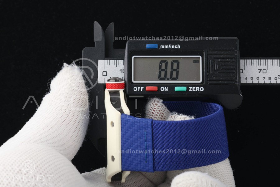 AVF RM67-02 Warm White NTPT Red/Blue/White Skeleton Dial on Blue Elastic Strap CRMA7 Clone V3