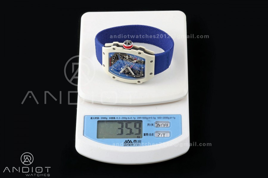AVF RM67-02 Warm White NTPT Red/Blue/White Skeleton Dial on Blue Elastic Strap CRMA7 Clone V3