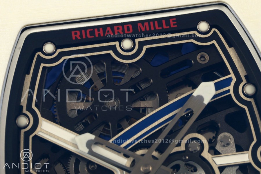 AVF RM67-02 Warm White NTPT Red/Blue/White Skeleton Dial on Blue Elastic Strap CRMA7 Clone V3