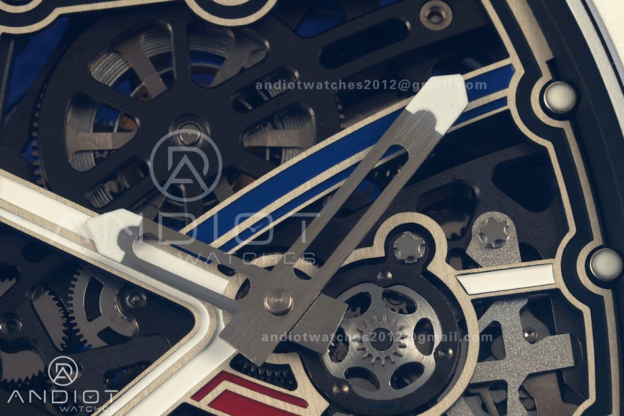 AVF RM67-02 Warm White NTPT Red/Blue/White Skeleton Dial on Blue Elastic Strap CRMA7 Clone V3