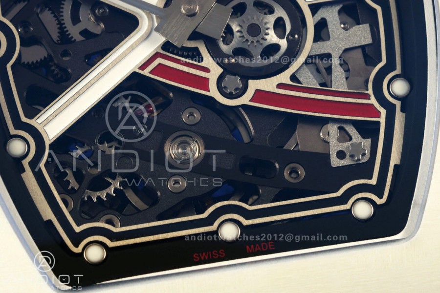 AVF RM67-02 Warm White NTPT Red/Blue/White Skeleton Dial on Blue Elastic Strap CRMA7 Clone V3