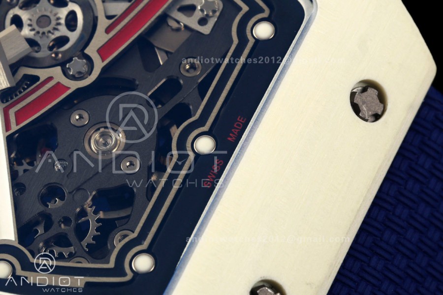AVF RM67-02 Warm White NTPT Red/Blue/White Skeleton Dial on Blue Elastic Strap CRMA7 Clone V3