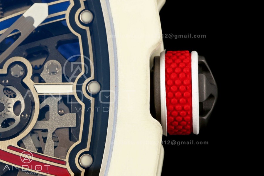 AVF RM67-02 Warm White NTPT Red/Blue/White Skeleton Dial on Blue Elastic Strap CRMA7 Clone V3