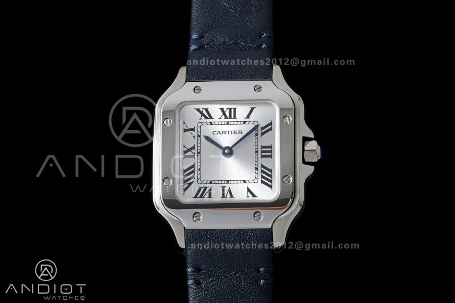 Santos De Cartier DRF 27mm SS/LE Silver Dial Leather Strap Quartz