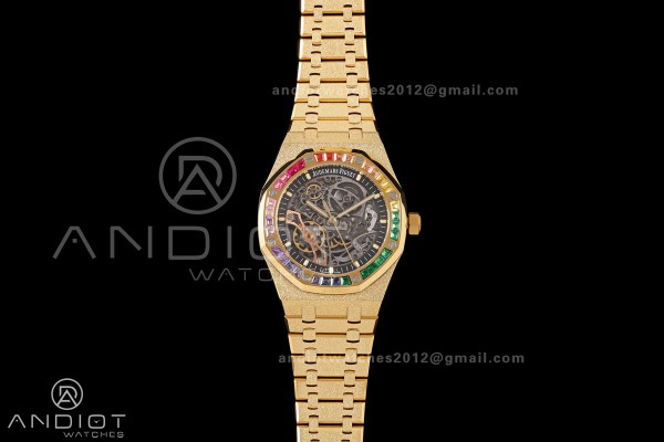 Royal Oak 41mm Openworked Frosted YG Rainbow Bezel OCTA 1:1 Best Edition on Bracelet SA3132 V3 (Free Sprung)