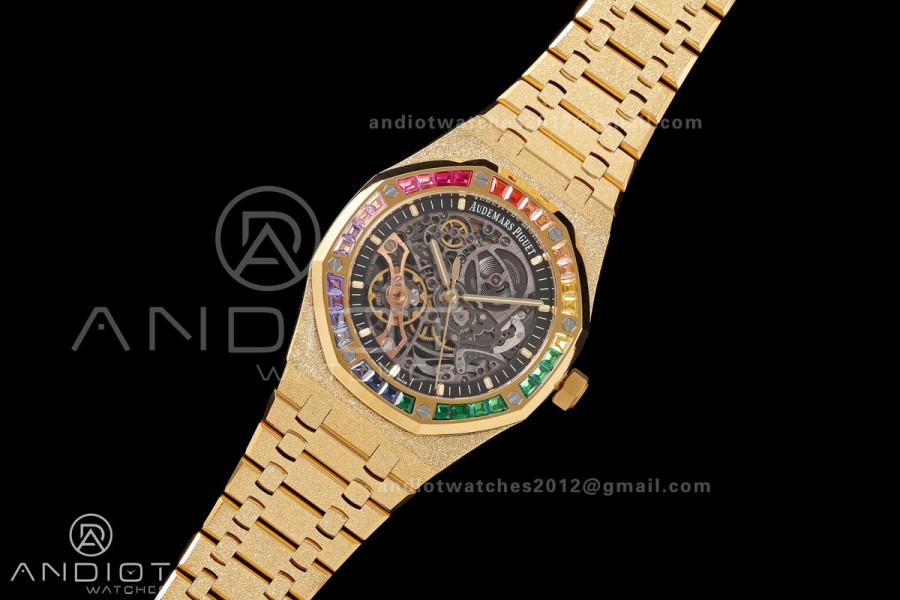 Royal Oak 41mm Openworked Frosted YG Rainbow Bezel OCTA 1:1 Best Edition on Bracelet SA3132 V3 (Free Sprung)