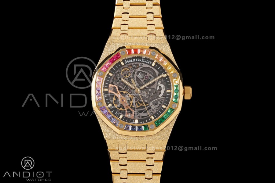 Royal Oak 41mm Openworked Frosted YG Rainbow Bezel OCTA 1:1 Best Edition on Bracelet SA3132 V3 (Free Sprung)