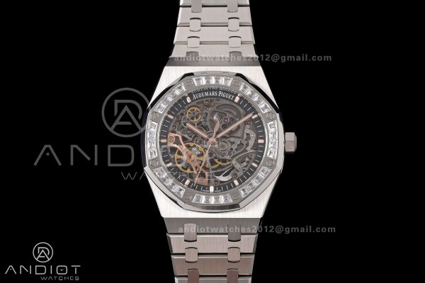 Royal Oak 41mm Openworked 15407 SS Diamonds Bezel OCTA 1:1 Best Edition on SS Bracelet SA3132 V3 (Free Sprung)