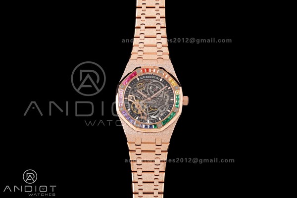 Royal Oak 41mm Openworked Frosted RG Rainbow Bezel OCTA 1:1 Best Edition on Bracelet SA3132 V3 (Free Sprung)