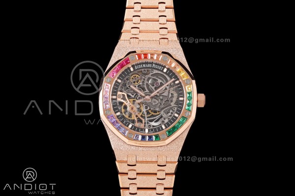 Royal Oak 41mm Openworked Frosted RG Rainbow Bezel OCTA 1:1 Best Edition on Bracelet SA3132 V3 (Free Sprung)
