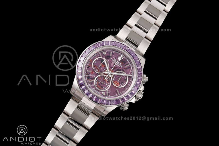 Daytona Arolla SONIC Best Edition Purple Crystal Skeleton Dial Diamonds Bezel on SS Oyster Bracelet SA4130