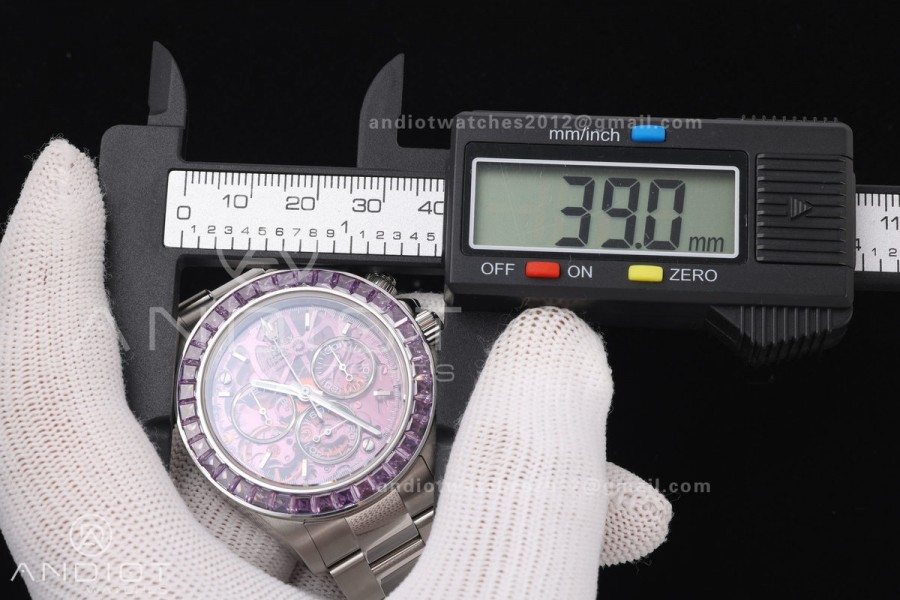 Daytona Arolla SONIC Best Edition Purple Crystal Skeleton Dial Diamonds Bezel on SS Oyster Bracelet SA4130