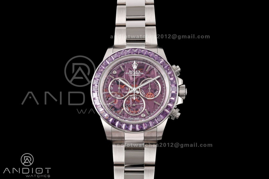Daytona Arolla SONIC Best Edition Purple Crystal Skeleton Dial Diamonds Bezel on SS Oyster Bracelet SA4130