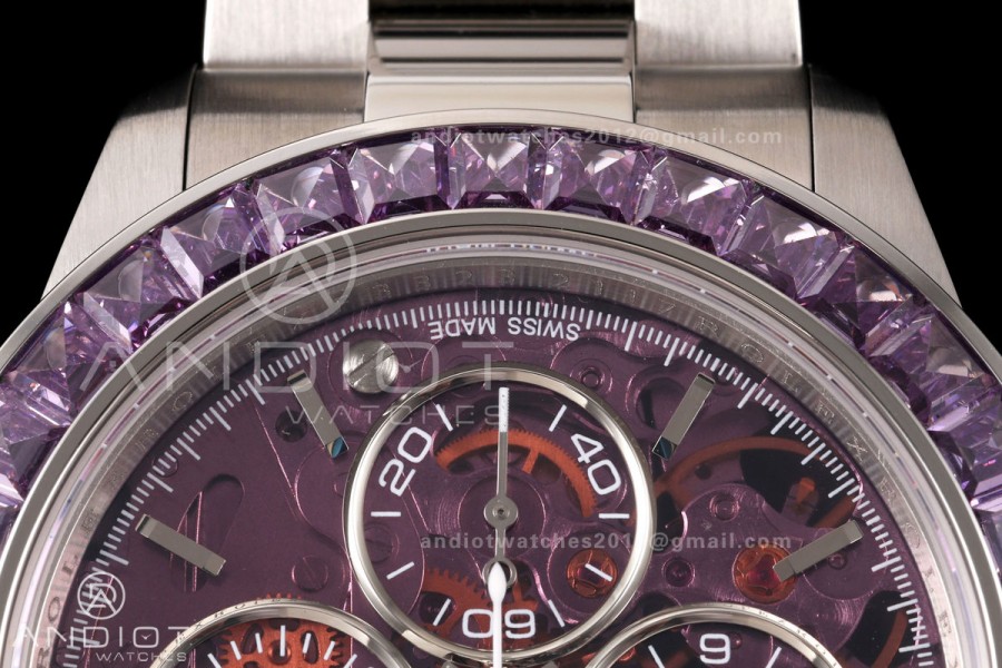 Daytona Arolla SONIC Best Edition Purple Crystal Skeleton Dial Diamonds Bezel on SS Oyster Bracelet SA4130