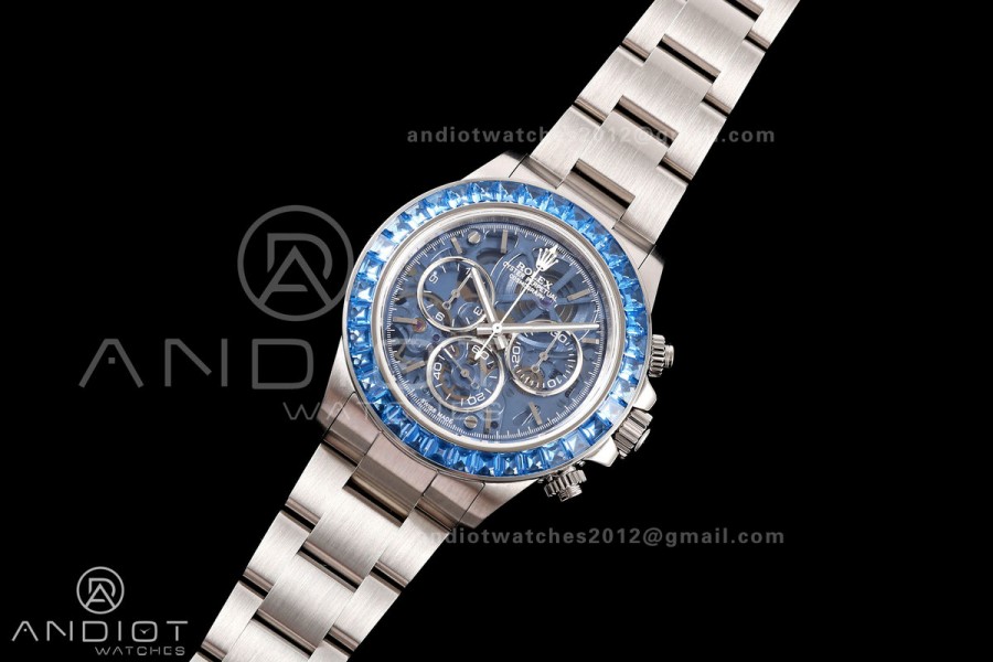 Daytona Arolla SONIC Best Edition Blue Crystal Skeleton Dial White Diamonds Bezel on SS Oyster Bracelet SA4130