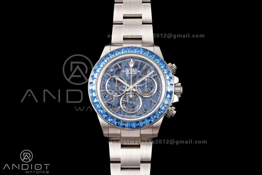 Daytona Arolla SONIC Best Edition Blue Crystal Skeleton Dial White Diamonds Bezel on SS Oyster Bracelet SA4130