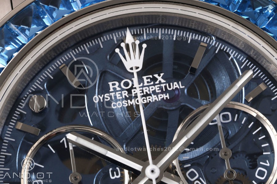 Daytona Arolla SONIC Best Edition Blue Crystal Skeleton Dial White Diamonds Bezel on SS Oyster Bracelet SA4130