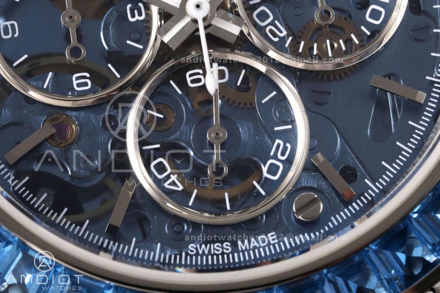 Daytona Arolla SONIC Best Edition Blue Crystal Skeleton Dial White Diamonds Bezel on SS Oyster Bracelet SA4130