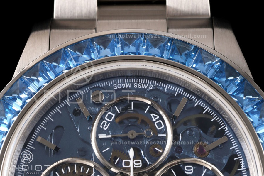 Daytona Arolla SONIC Best Edition Blue Crystal Skeleton Dial White Diamonds Bezel on SS Oyster Bracelet SA4130