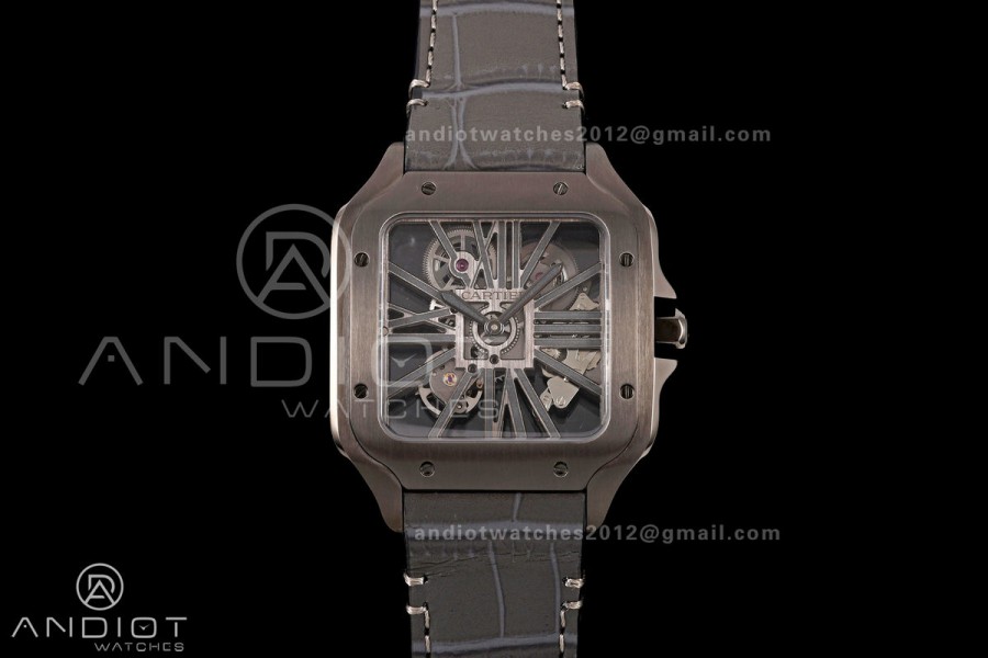 Santos Skeleton PVD RICH 1:1 Best Edition Skeleton Dial on Gray Leather Strap 9612MC Super Clone V2