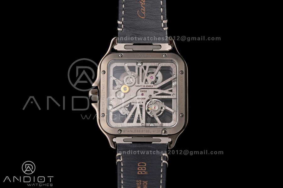 Santos Skeleton PVD RICH 1:1 Best Edition Skeleton Dial on Gray Leather Strap 9612MC Super Clone V2