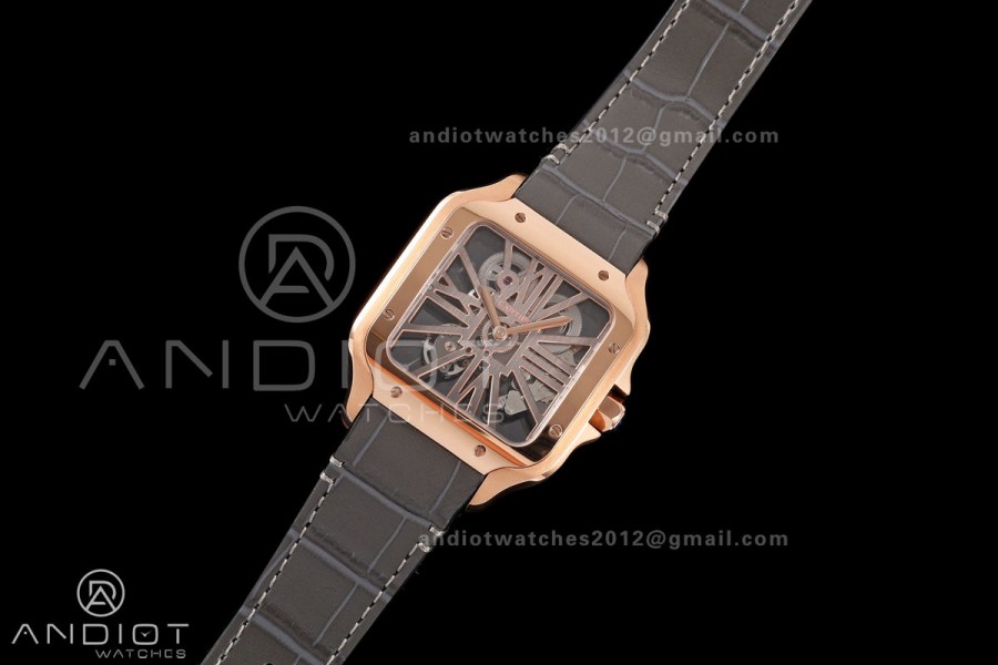 Santos Skeleton RG RICH 1:1 Best Edition Skeleton Dial on Gray Leather Strap 9611MC Super Clone V2