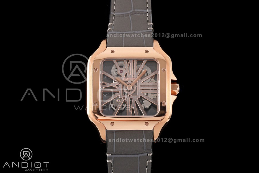Santos Skeleton RG RICH 1:1 Best Edition Skeleton Dial on Gray Leather Strap 9611MC Super Clone V2
