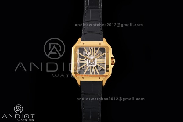 Santos Skeleton YG RICH 1:1 Best Edition Skeleton Dial on Black Leather Strap 9611MC Super Clone V2