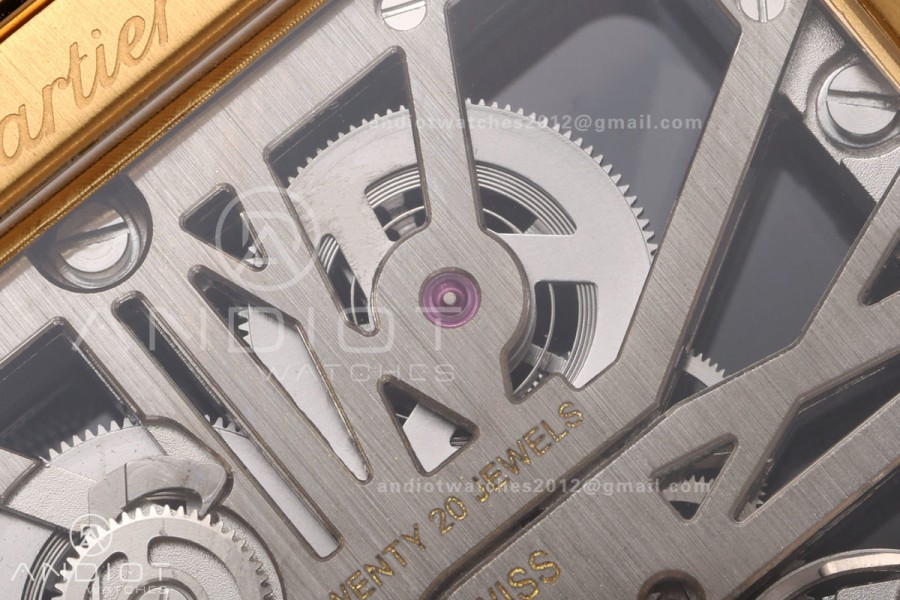 Santos Skeleton YG RICH 1:1 Best Edition Skeleton Dial on Black Leather Strap 9611MC Super Clone V2