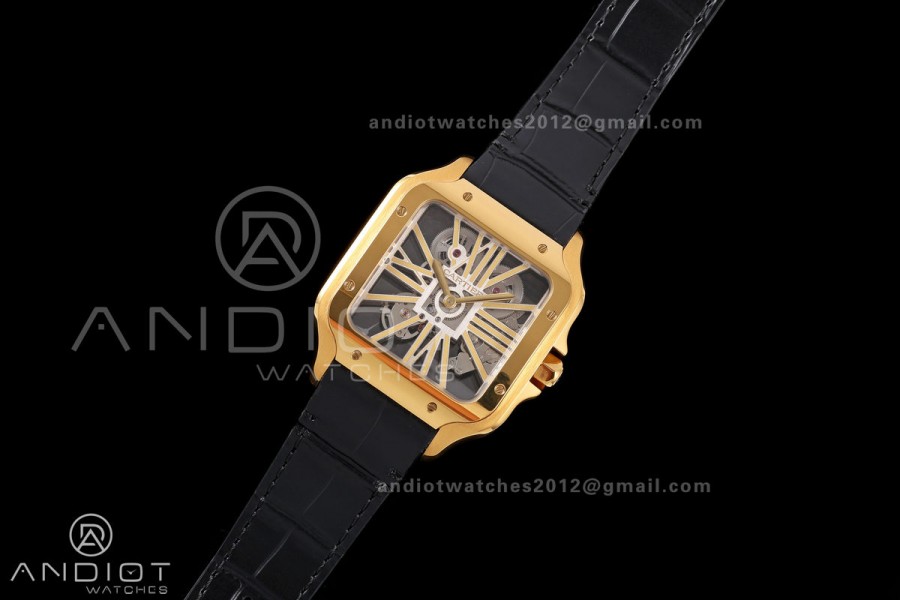 Santos Skeleton YG RICH 1:1 Best Edition Skeleton Dial on Black Leather Strap 9611MC Super Clone V2