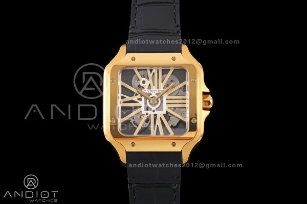 Santos Skeleton YG RICH 1:1 Best Edition Skeleton Dial on Black Leather Strap 9611MC Super Clone V2