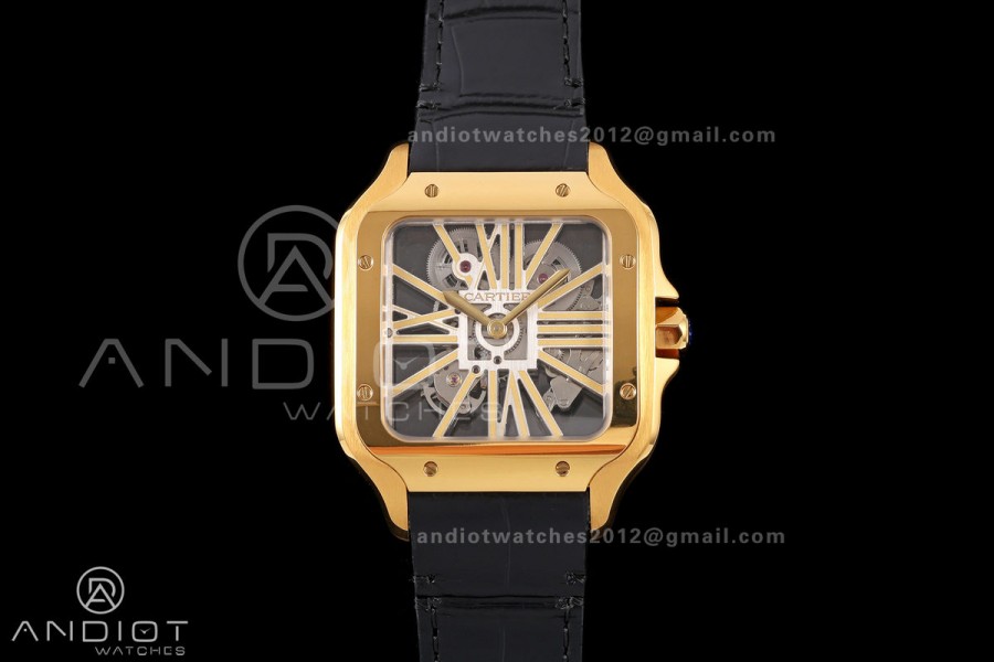 Santos Skeleton YG RICH 1:1 Best Edition Skeleton Dial on Black Leather Strap 9611MC Super Clone V2
