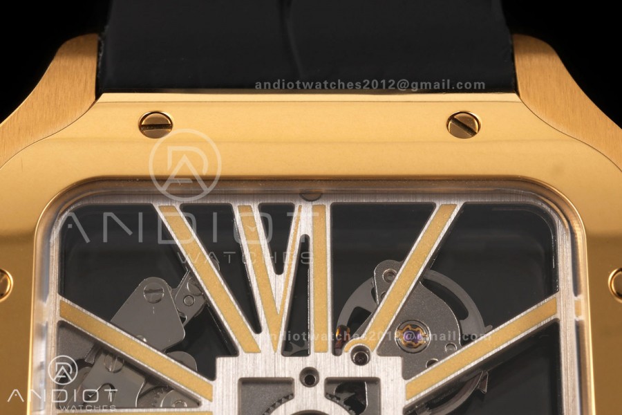 Santos Skeleton YG RICH 1:1 Best Edition Skeleton Dial on Black Leather Strap 9611MC Super Clone V2