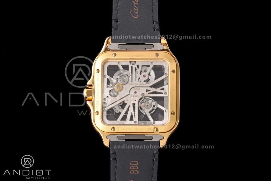 Santos Skeleton YG RICH 1:1 Best Edition Skeleton Dial on Black Leather Strap 9611MC Super Clone V2