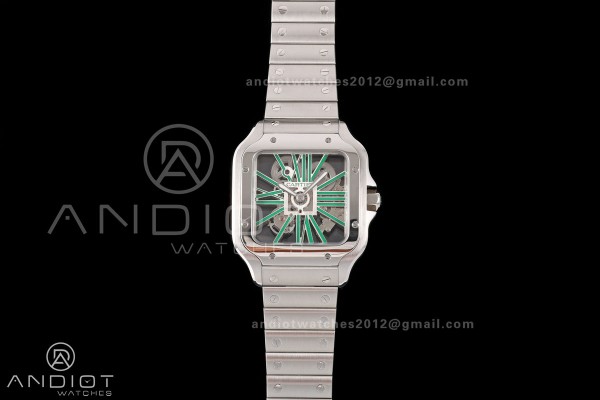 Santos Skeleton SS RICH 1:1 Best Edition Skeleton Green Dial on SS SmartLink Bracelet 9611MC Super Clone V2