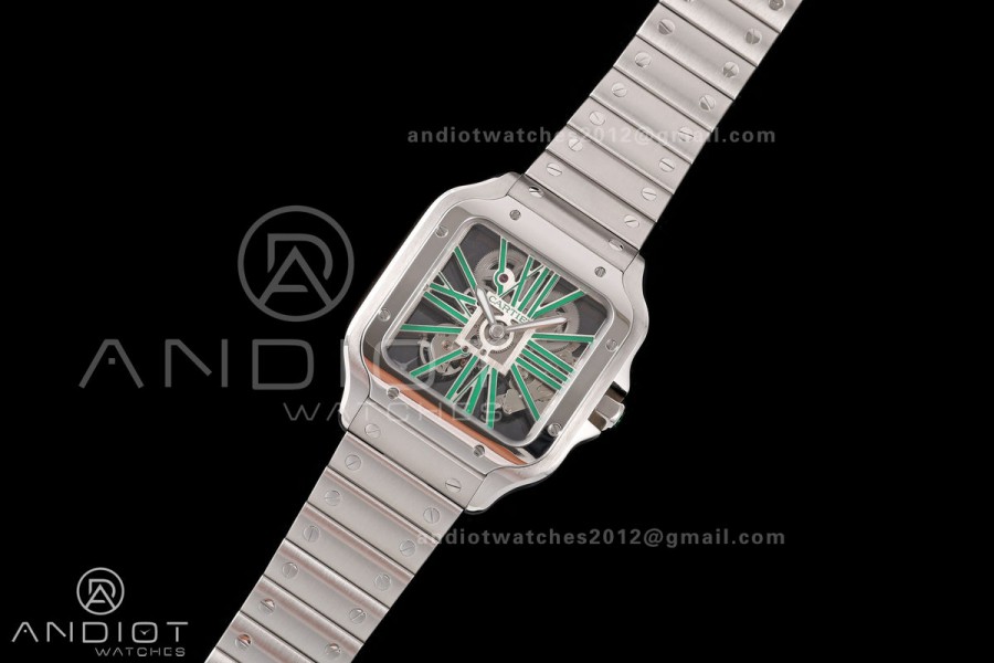Santos Skeleton SS RICH 1:1 Best Edition Skeleton Green Dial on SS SmartLink Bracelet 9611MC Super Clone V2