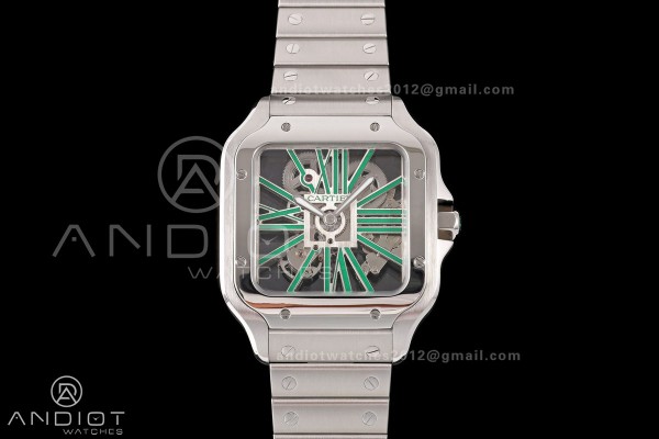 Santos Skeleton SS RICH 1:1 Best Edition Skeleton Green Dial on SS SmartLink Bracelet 9611MC Super Clone V2